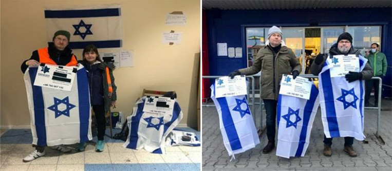Volunteers from Ebenezer and the Jewish Agency with Israeli flags to identify Jewish refugees
